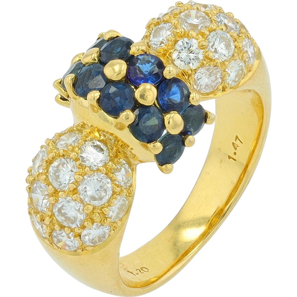 18K Yellow Gold Sapphire and Diamond Cluster Ring - 1.47 Carat Total Sapphire Weight, 1.20 Carat Total Diamond Weight