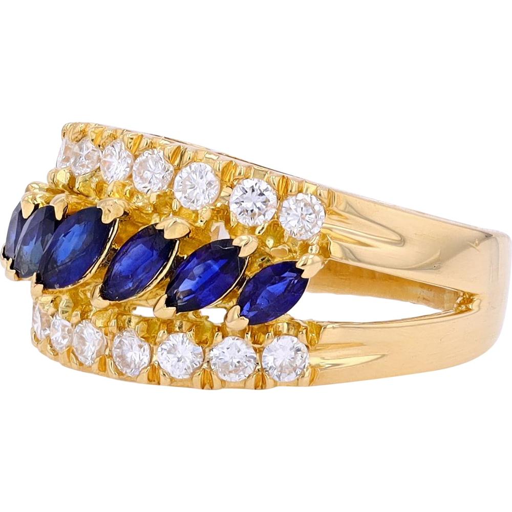 18K Yellow Gold Sapphire Ring with Marquise Sapphires and Round Diamonds - 1.09 Carat Total Sapphire Weight, 0.64 Carat Total Diamond Weight