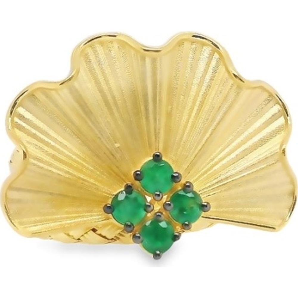 18K Yellow Gold Scalloped Fan Motif Ring with Round Emerald Cluster by Afarin