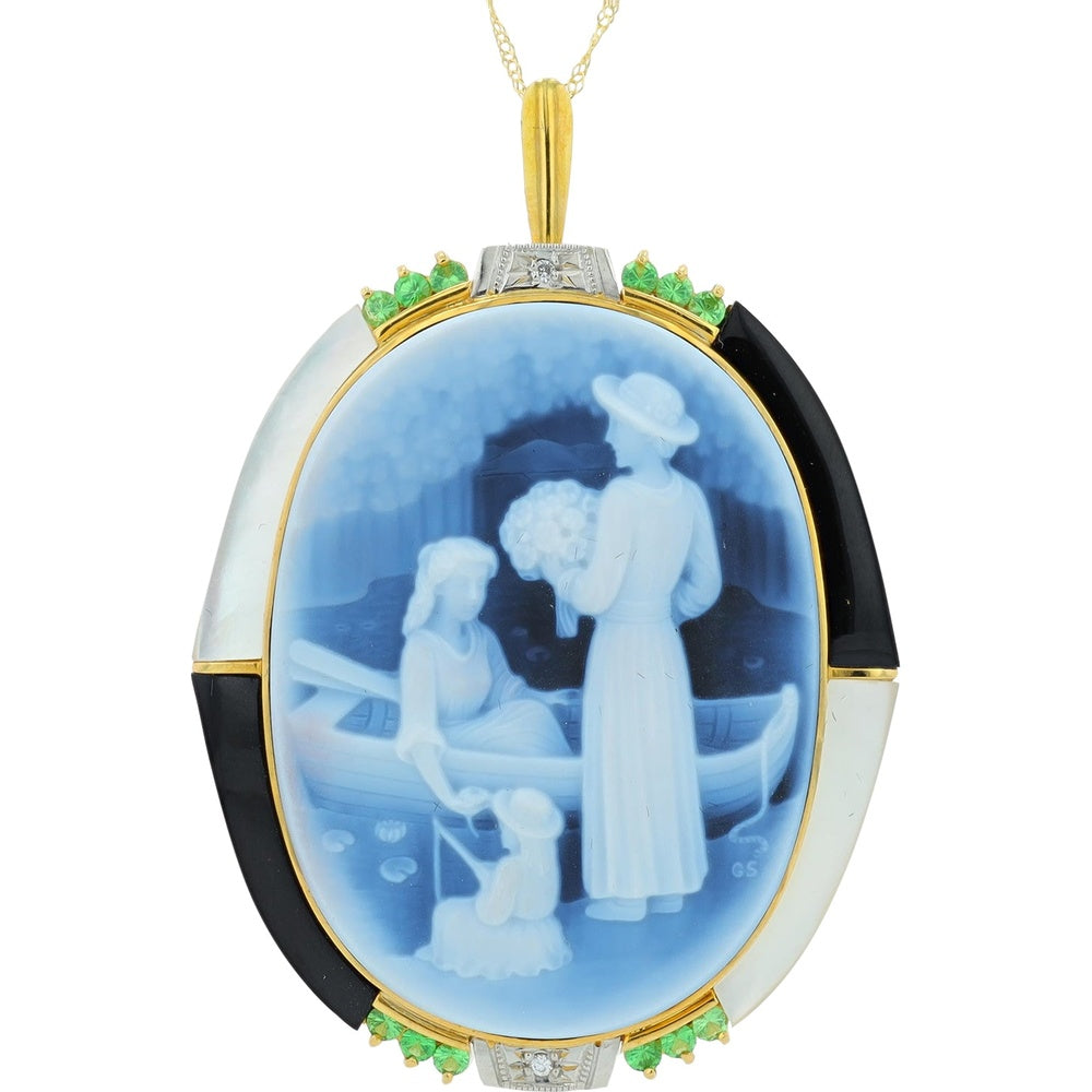18K Yellow Gold Scenic Blue Cameo Pendant with Black Onyx and White Stone Accents - 0.02 Carat Total Diamond Weight on 18 Inch Chain