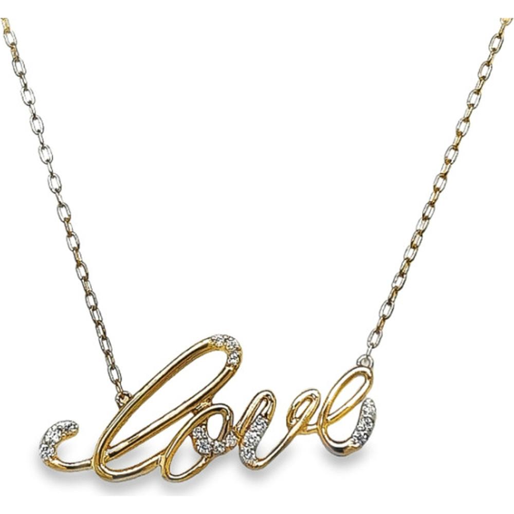 18K Yellow Gold Script “Love” Necklace with Diamond Accents by Afarin