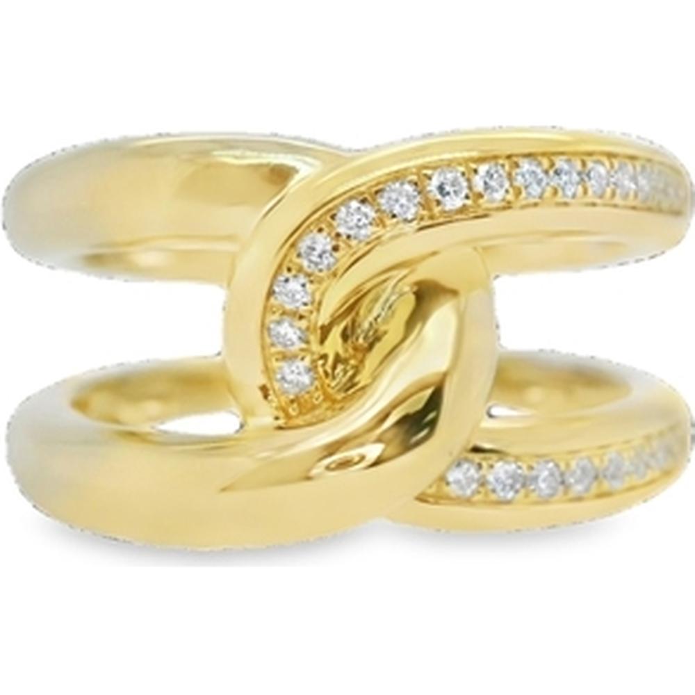 18K Yellow Gold Sculptural Crossover Ring with Pavé Set Round Diamonds by Afarin