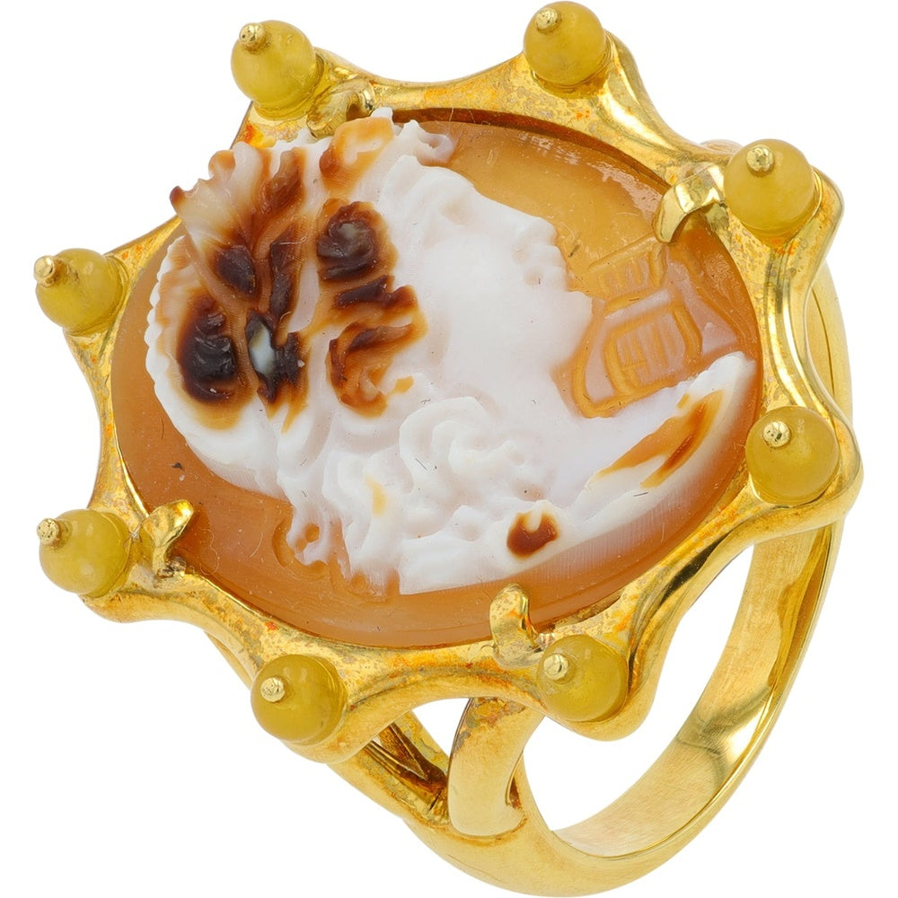 18K Yellow Gold Sculptural Scalloped Ring with Hand-Carved Oval Cameo