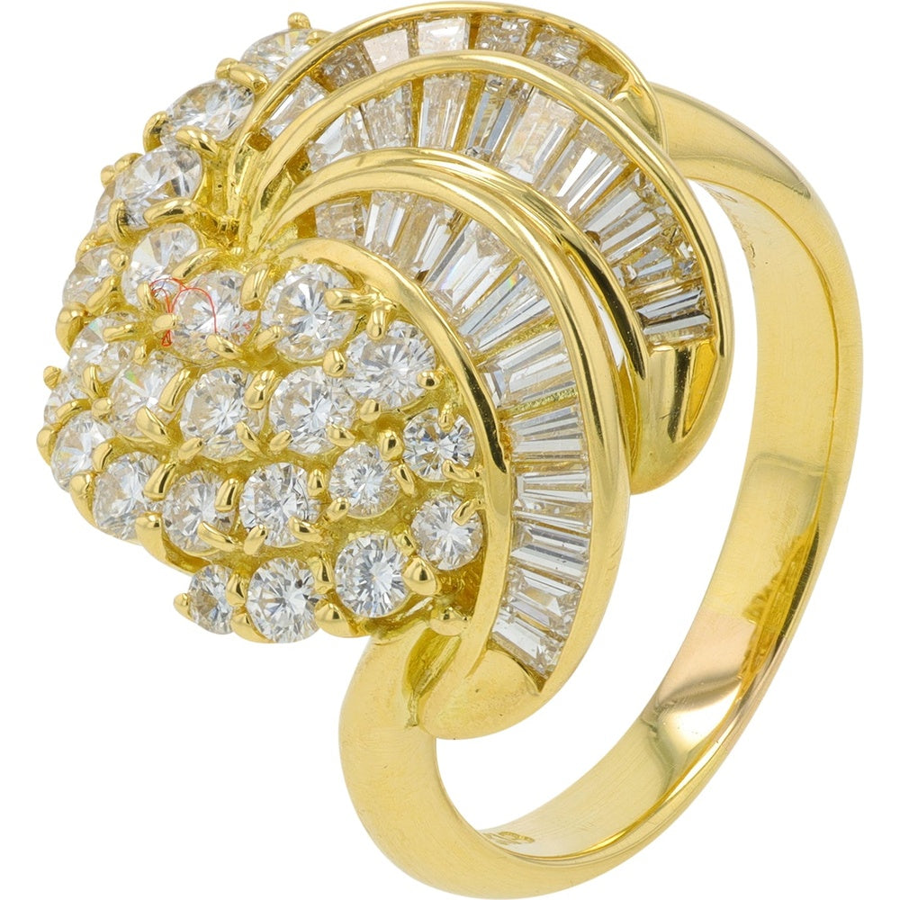18K Yellow Gold Sculptural Swirl Ring with Prong-Set Round and Channel-Set Baguette Diamonds - 1.68 Carat Total Diamond Weight