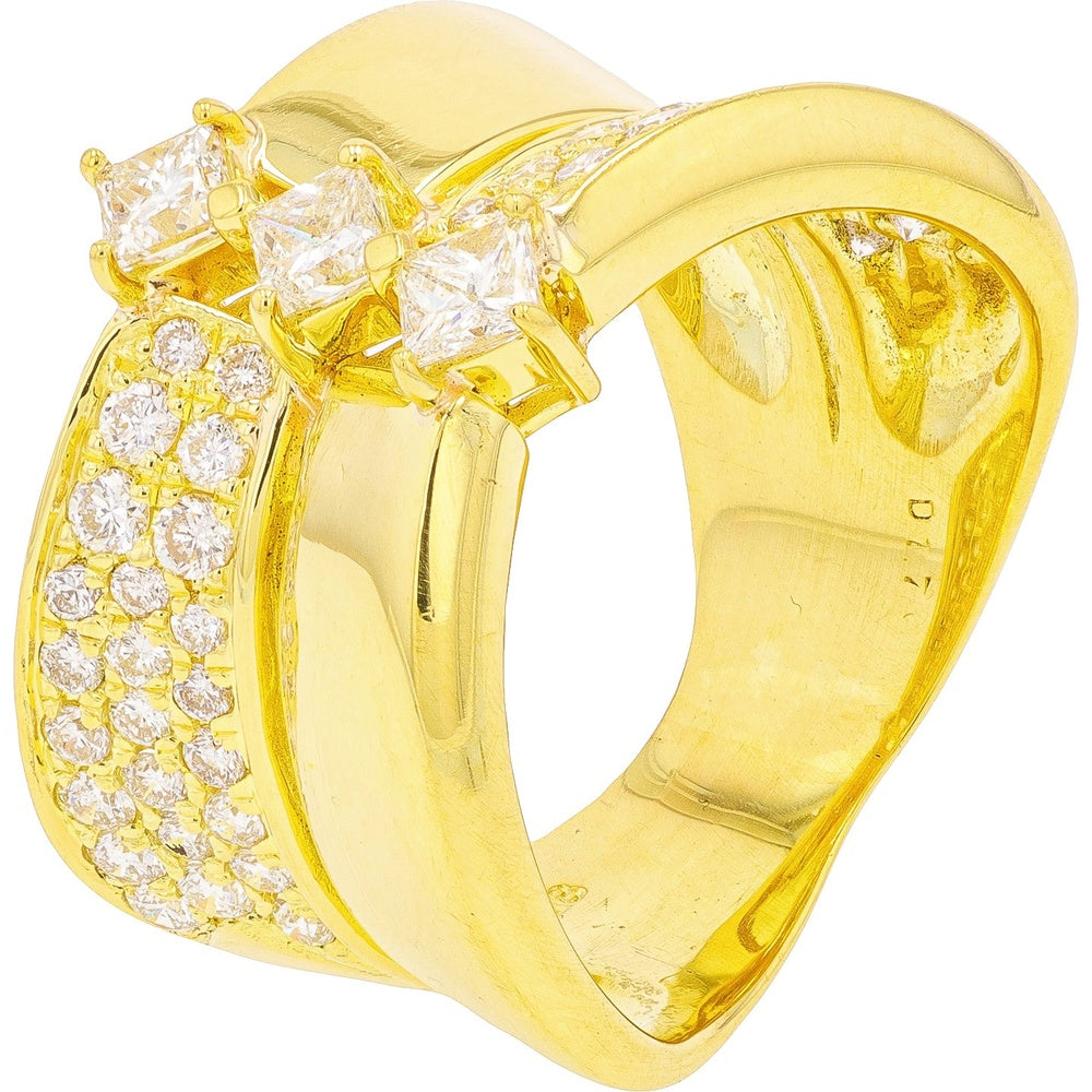 18K Yellow Gold Sculptural Wrap Ring with Princess-Cut and Pavé-Set Round Diamonds - 1.70 Carat Total Diamond Weight
