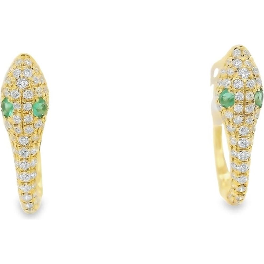 18K Yellow Gold Serpent Earrings with Round Diamonds and Emerald Accents by Afarin