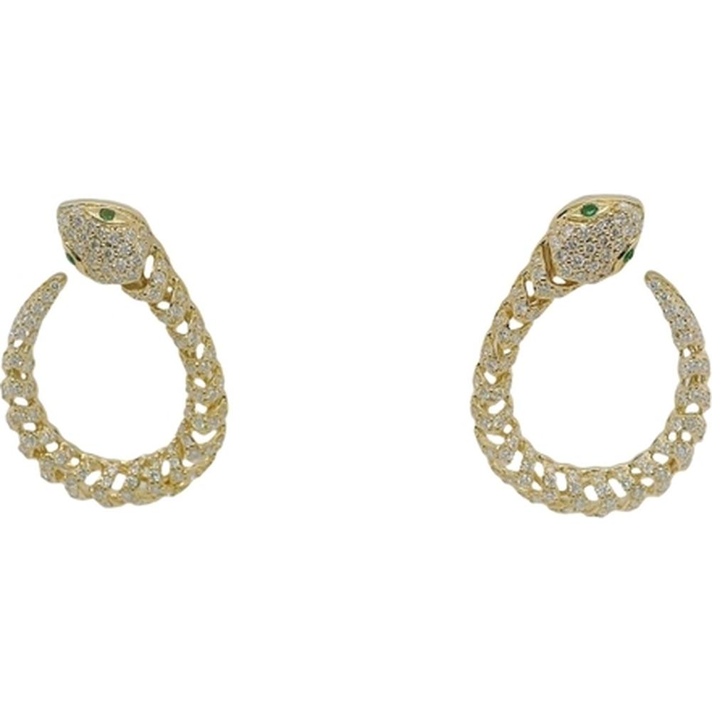 18K Yellow Gold Serpent Hoop Earrings with Pavé Diamonds and Emerald Details by Afarin