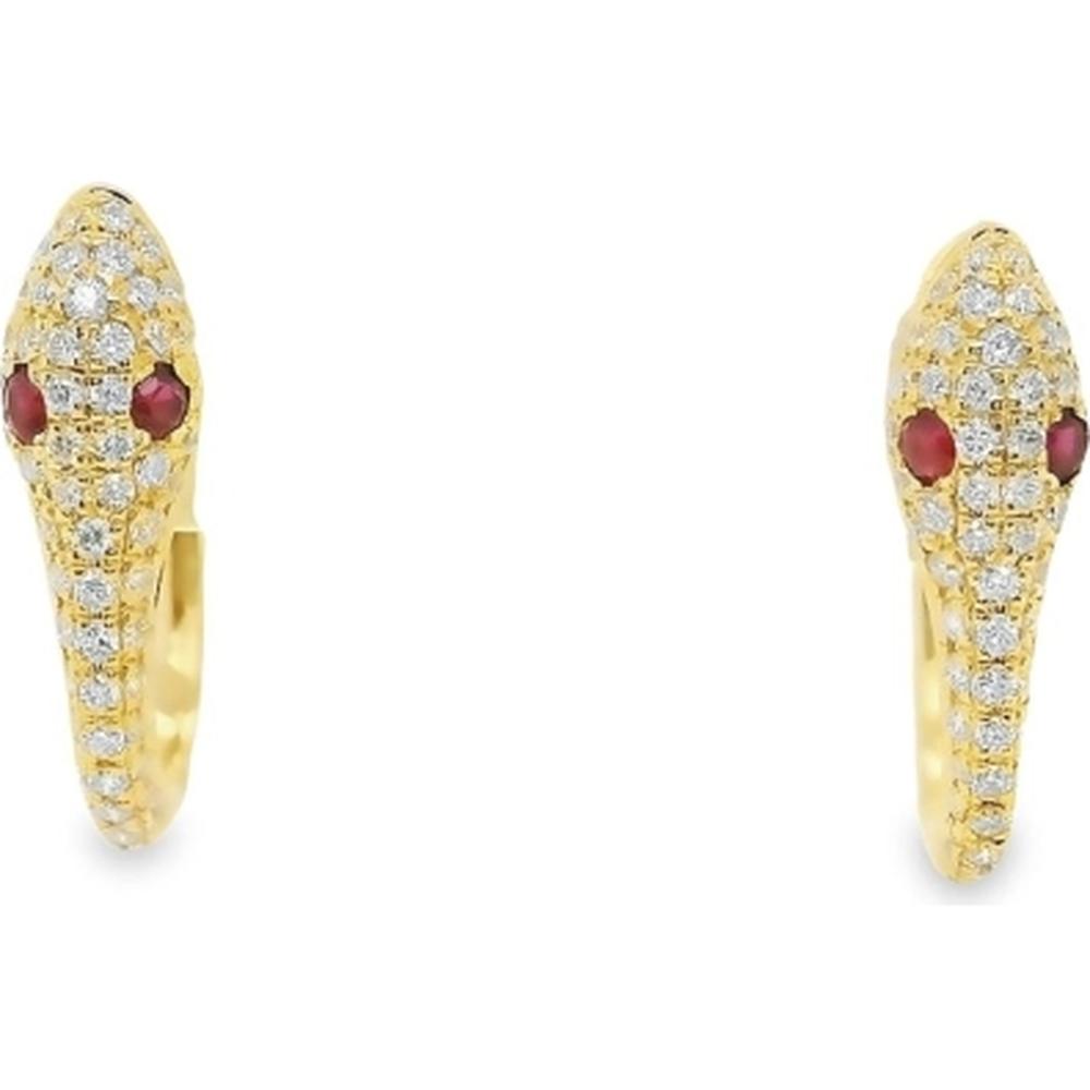 18K Yellow Gold Serpent Huggie Earrings with Pavé Diamonds and Ruby Eyes by Afarin