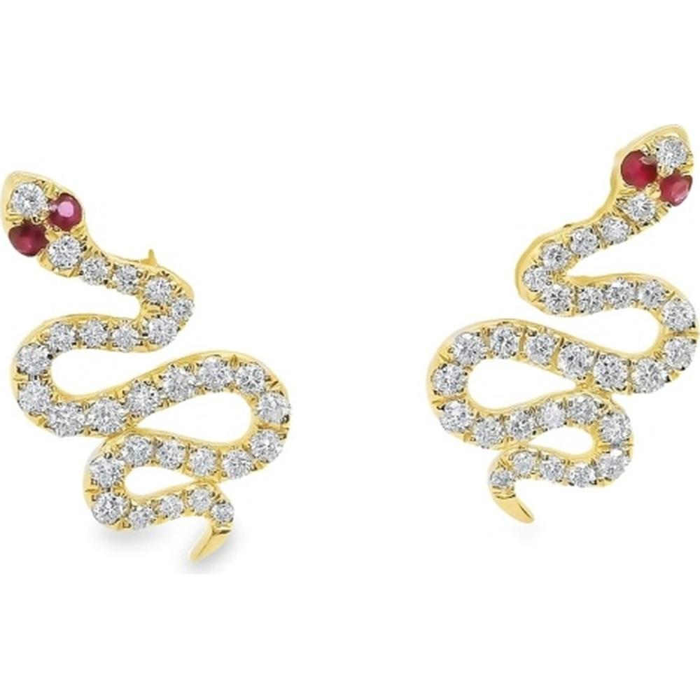 18K Yellow Gold Serpent Motif Earrings with Round Diamonds and Ruby Accents by Afarin