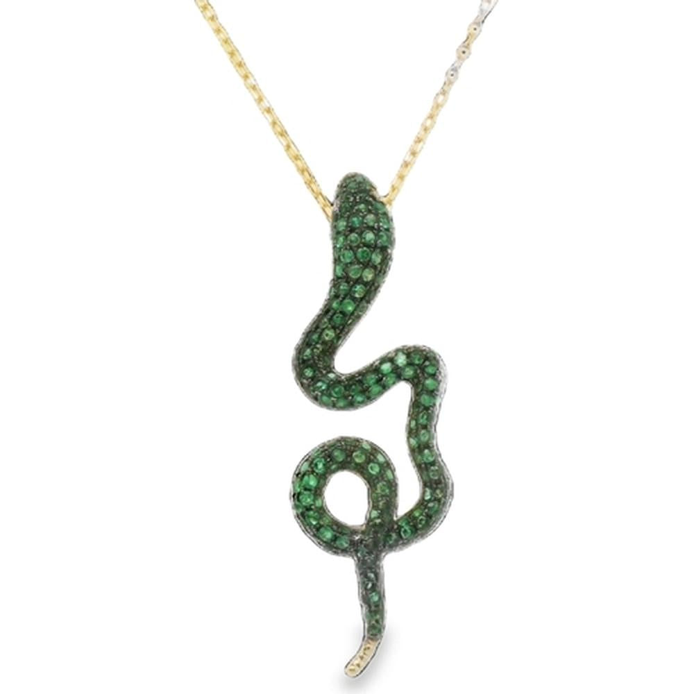 18K Yellow Gold Serpent Pendant Necklace with Emeralds and Diamonds by Afarin