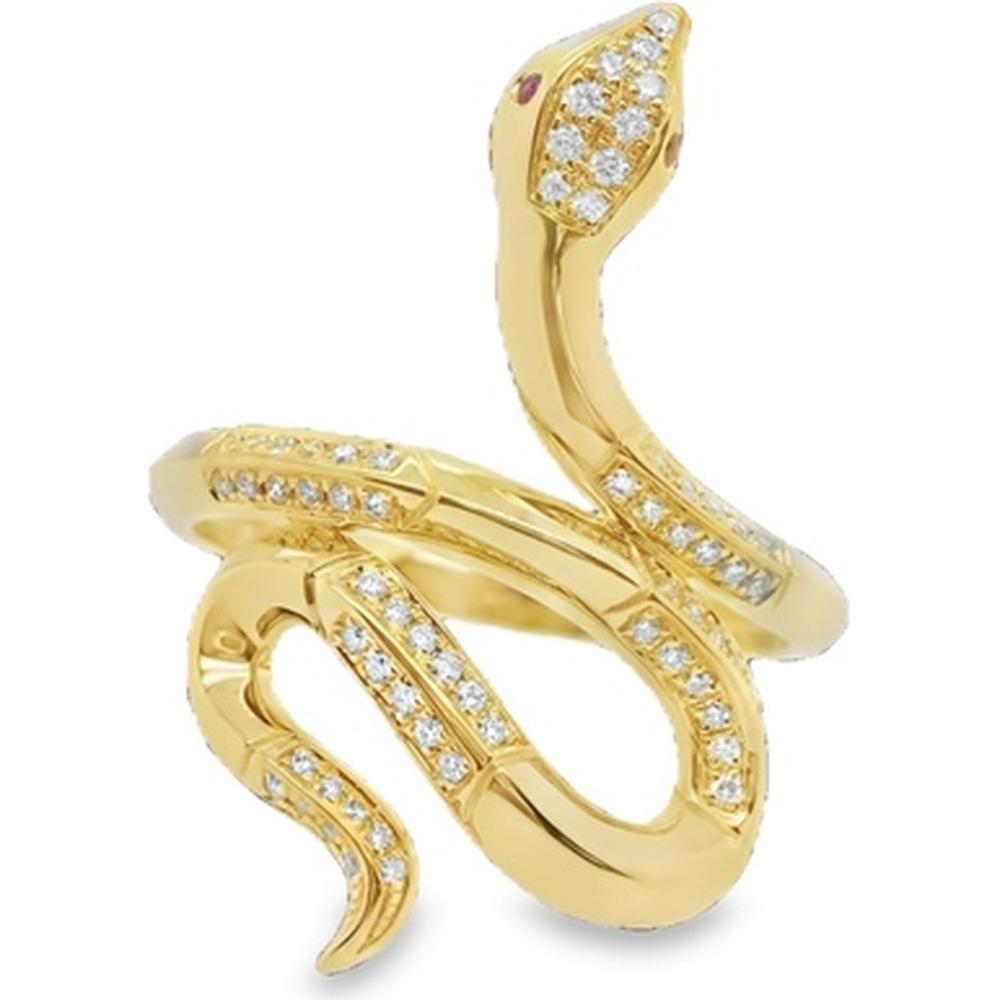 18K Yellow Gold Serpent Wrap Ring with Round Diamonds and Ruby Accent by Afarin