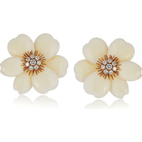 18K Yellow Gold Small Floral Earrings with Hand-Carved White Coral Petals and Diamond Centerpiece by Van Cleef & Arpels