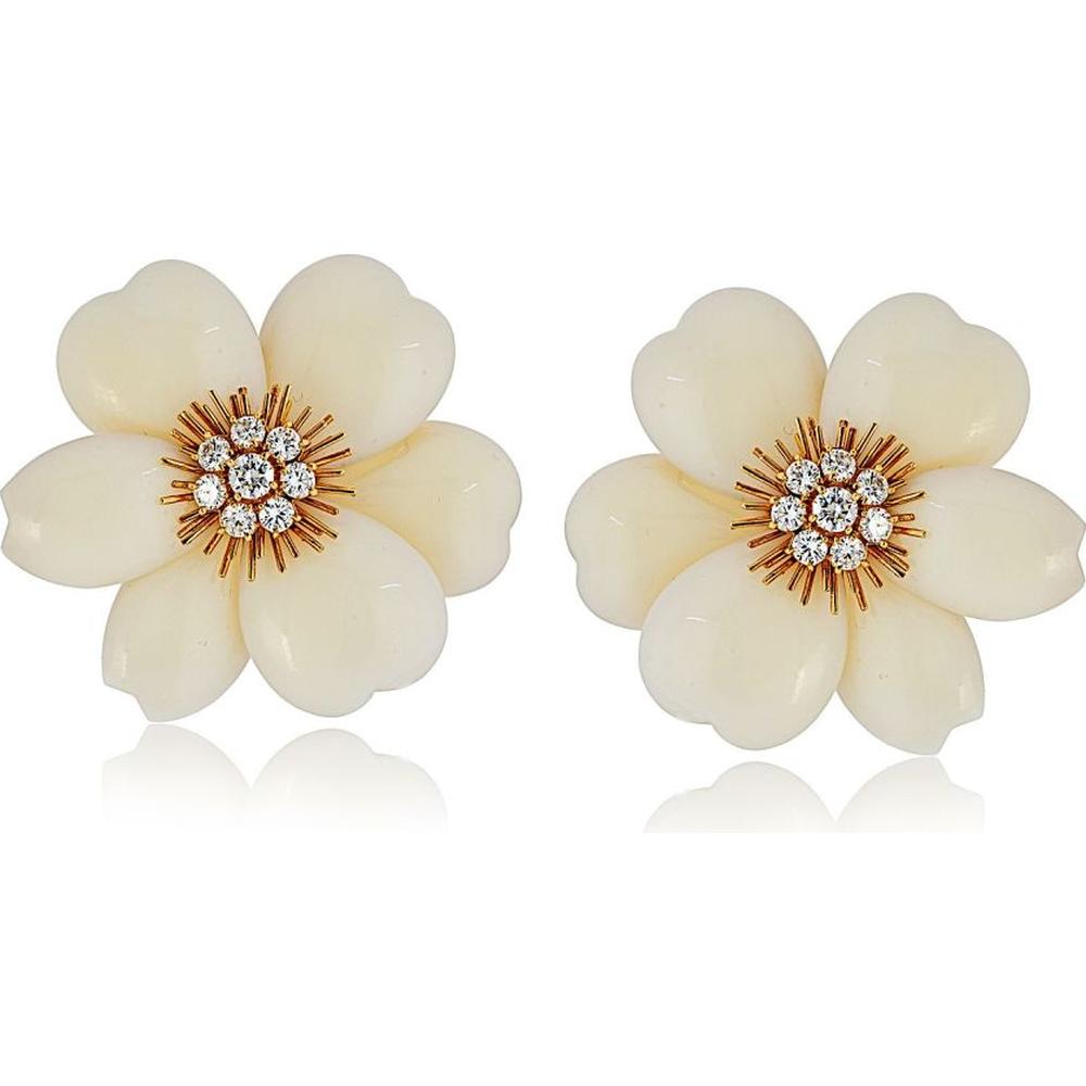 18K Yellow Gold Small Floral Earrings with Hand-Carved White Coral Petals and Diamond Centerpiece by Van Cleef & Arpels