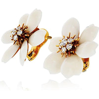 18K Yellow Gold Small Floral Earrings with Hand-Carved White Coral Petals and Diamond Centerpiece by Van Cleef & Arpels