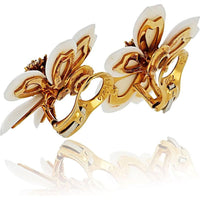 18K Yellow Gold Small Floral Earrings with Hand-Carved White Coral Petals and Diamond Centerpiece by Van Cleef & Arpels