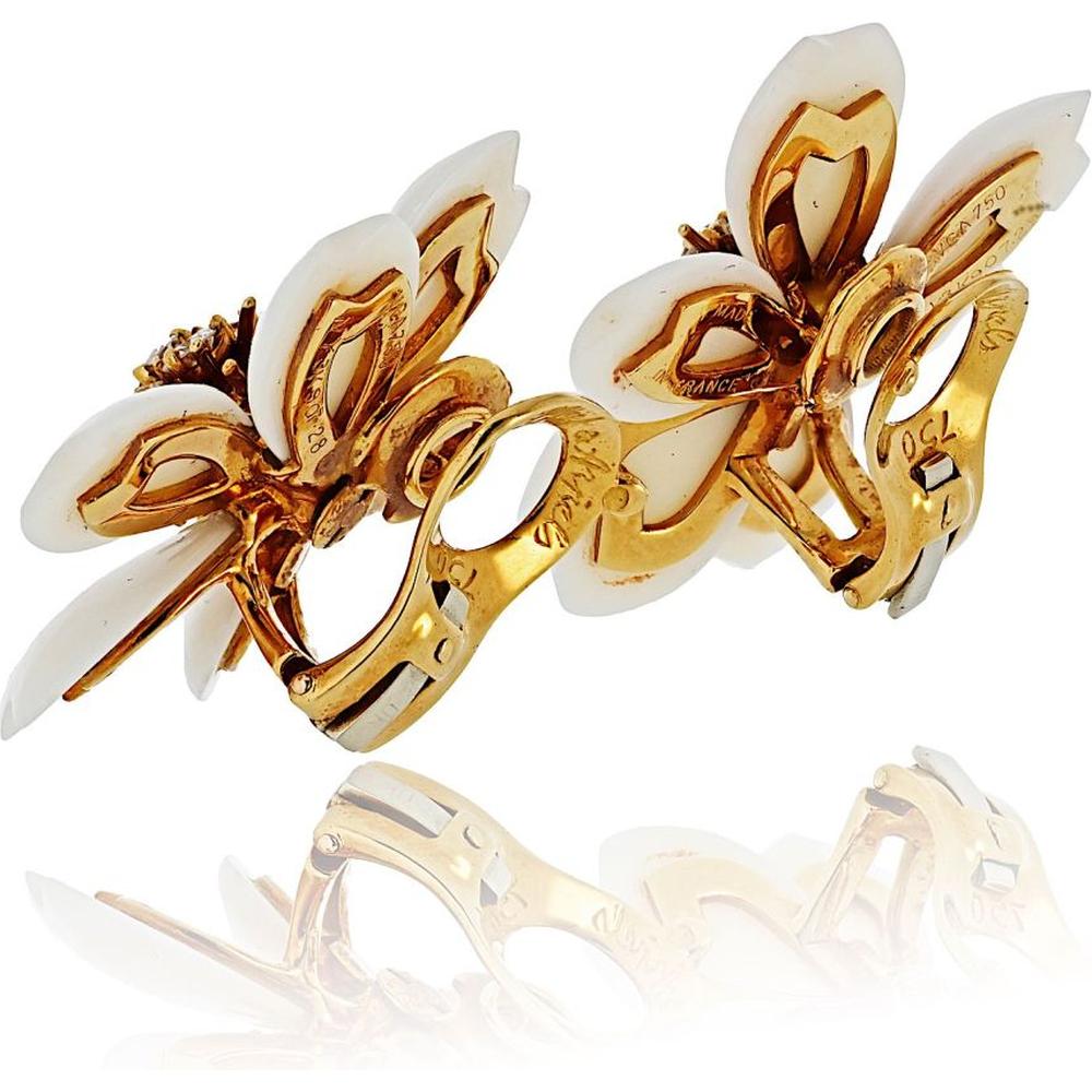 18K Yellow Gold Small Floral Earrings with Hand-Carved White Coral Petals and Diamond Centerpiece by Van Cleef & Arpels