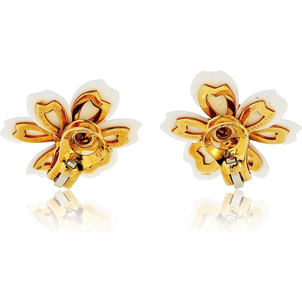 18K Yellow Gold Small Floral Earrings with Hand-Carved White Coral Petals and Diamond Centerpiece by Van Cleef & Arpels