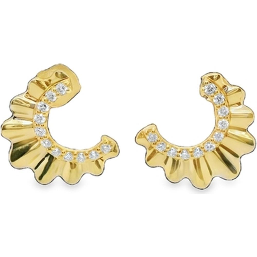 18K Yellow Gold Small Hoop Earrings with Round Diamonds and Sculpted Fluted Design by Afarin