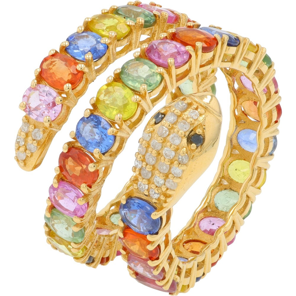 18K Yellow Gold Snake Bypass Ring with Oval Multicolor Sapphires and Diamond Accents - 10.04 Carat Total Sapphire Weight and 0.25 Carat Total Diamond Weight