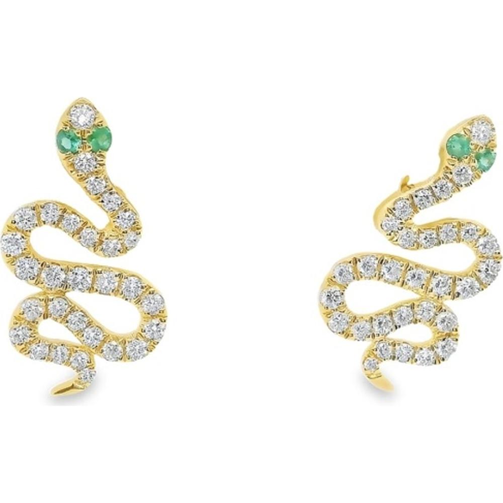 18K Yellow Gold Snake Motif Earrings with Round Diamonds and Emerald Accents by Afarin