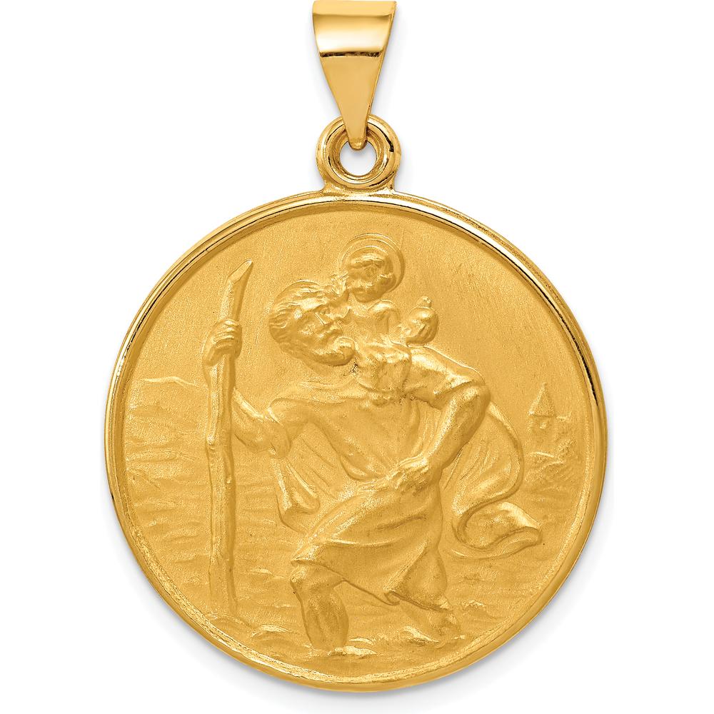 18K Yellow Gold Solid Large Saint Christopher Medal Pendant with Polished and Satin Finish - 29.5mm Length