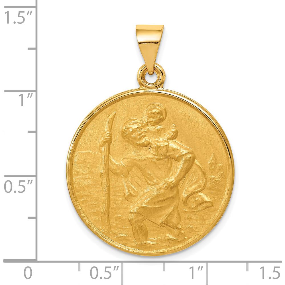 18K Yellow Gold Solid Large Saint Christopher Medal Pendant with Polished and Satin Finish - 29.5mm Length