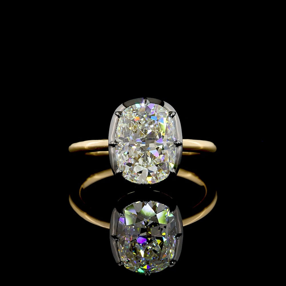 18K Yellow Gold Solitaire Ring with 2.74 Carat Cushion Brilliant Lab-Grown Diamond, Black Rhodium Accent & IGI Certification - Covaloro Fine Jewelry