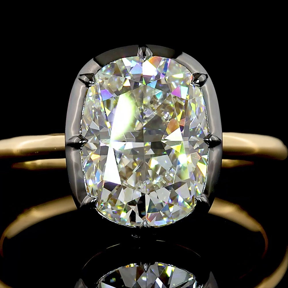 18K Yellow Gold Solitaire Ring with 2.74 Carat Cushion Brilliant Lab-Grown Diamond, Black Rhodium Accent & IGI Certification - Covaloro Fine Jewelry