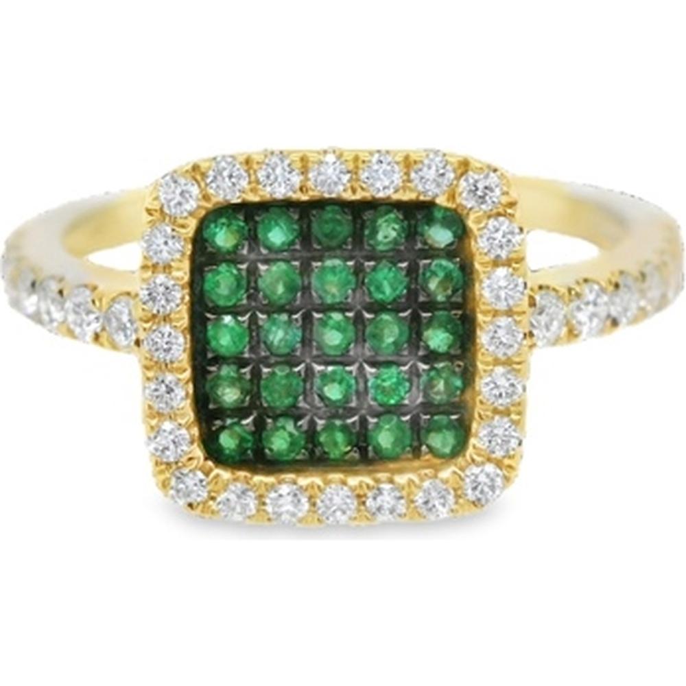 18K Yellow Gold Square Halo Ring with Round Emeralds and Diamond Accents by Afarin