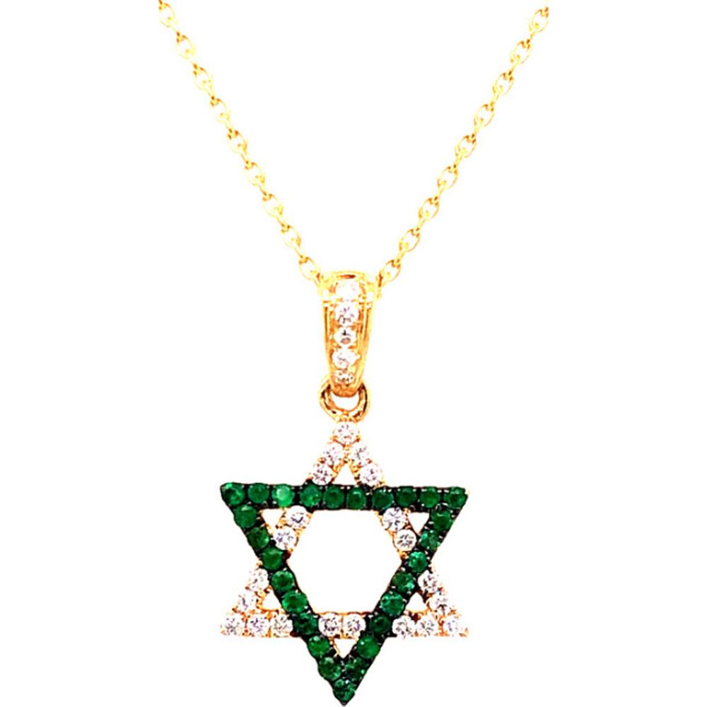 18K Yellow Gold Star Pendant Necklace with Green Emeralds and Round Diamond Accents by Afarin