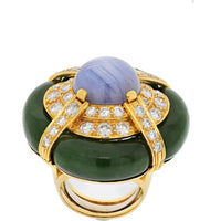 18K Yellow Gold Star Sapphire and Nephrite Jade Ring with Full-Cut Diamonds - 25.00 Carat Sapphire and 5.20 Carat Total Diamond Weight by David Webb