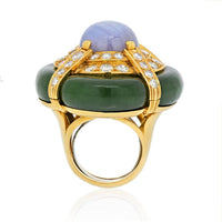 18K Yellow Gold Star Sapphire and Nephrite Jade Ring with Full-Cut Diamonds - 25.00 Carat Sapphire and 5.20 Carat Total Diamond Weight by David Webb
