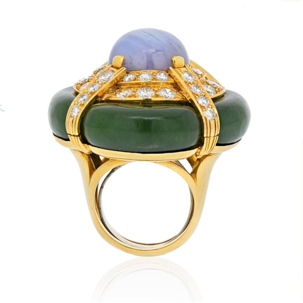 18K Yellow Gold Star Sapphire and Nephrite Jade Ring with Full-Cut Diamonds - 25.00 Carat Sapphire and 5.20 Carat Total Diamond Weight by David Webb