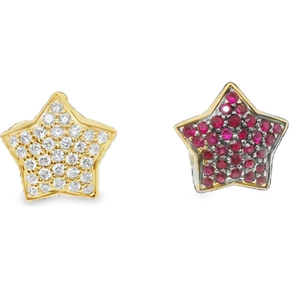 18K Yellow Gold Star Stud Earrings with Diamonds and Rubies by Afarin