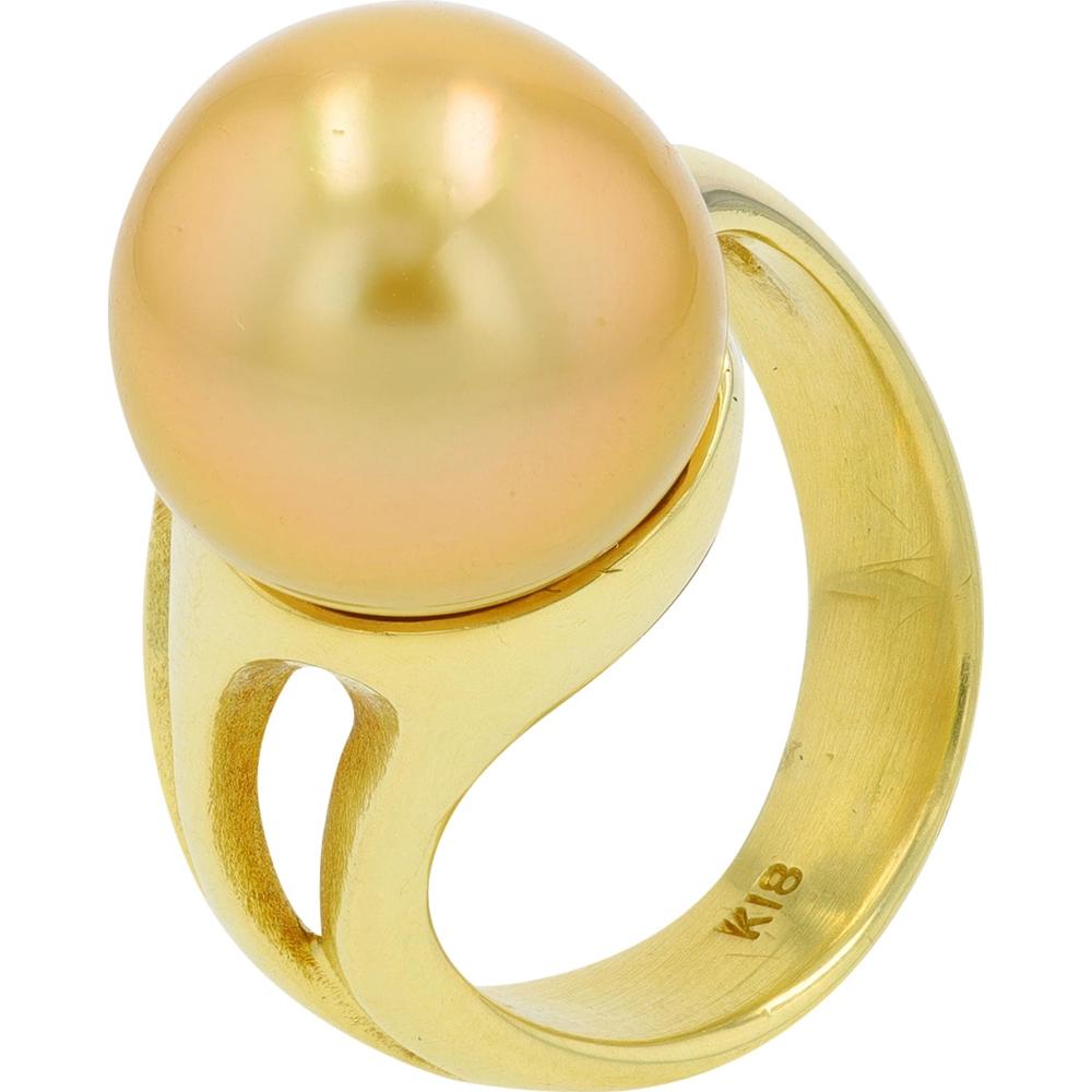 18K Yellow Gold Statement Pearl Ring - Luminous Round Pearl Center