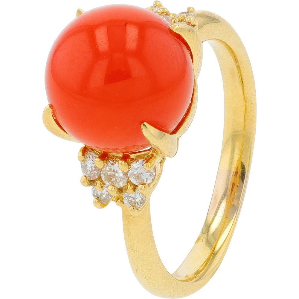 18K Yellow Gold Statement Ring with 10.5mm Cabochon Coral and Sparkling Accent Gemstones - Size 7.75
