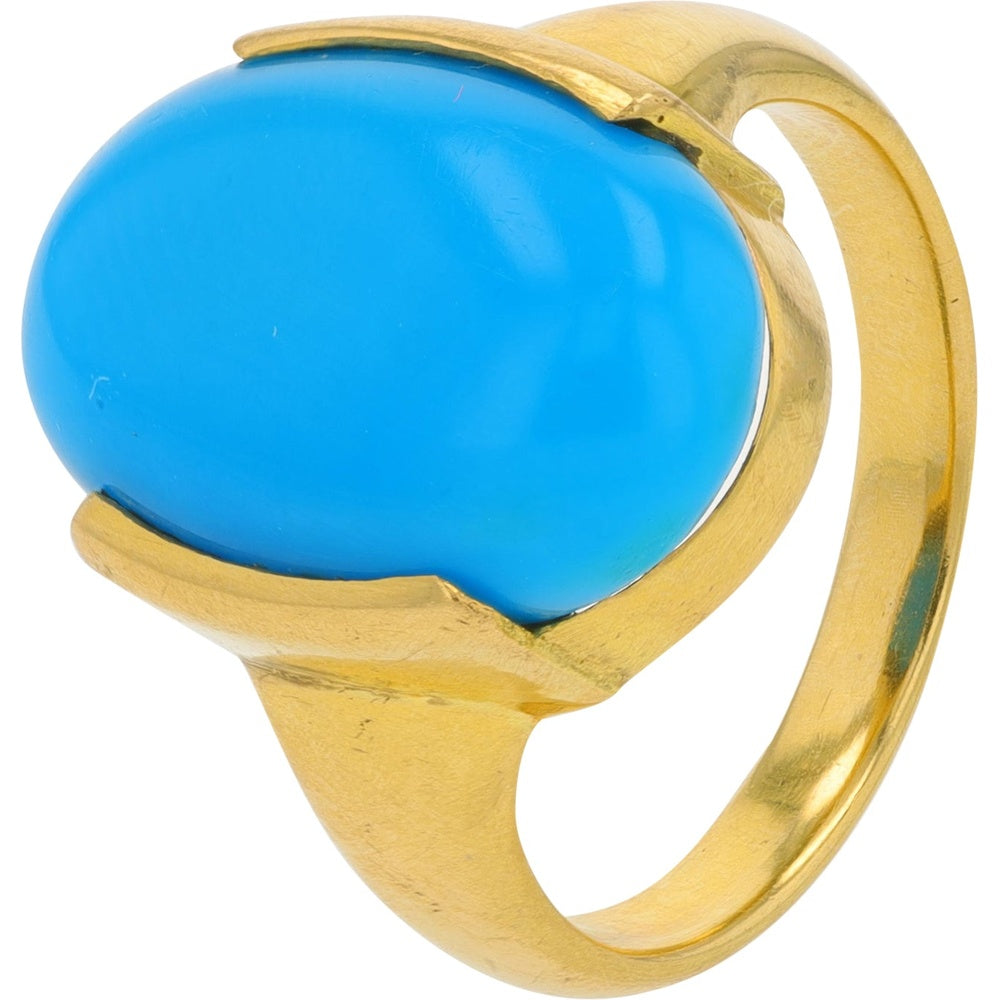 18K Yellow Gold Statement Ring with Vibrant Cabochon Turquoise - Size 5.75