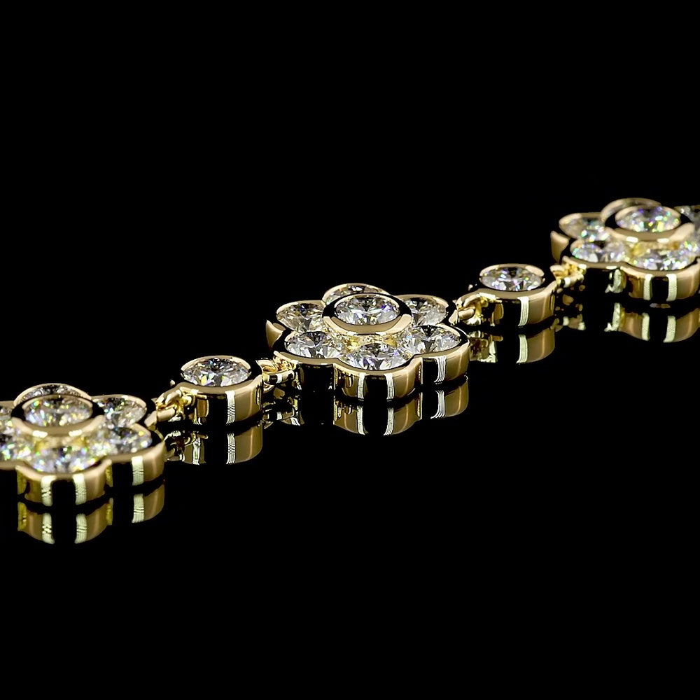18K Yellow Gold Station Bracelet with 7.59 Carat Lab Grown Brilliant Cut Diamonds in Bezel and Floral Motif Settings - Covaloro Fine Jewelry