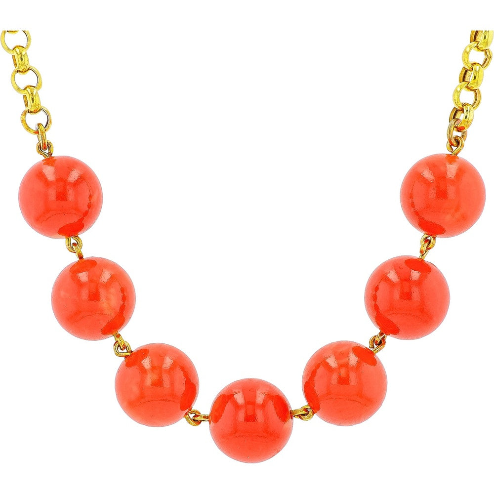 18K Yellow Gold Station Necklace with 13mm Round Coral Beads - Vibrant Orange-Red Strand