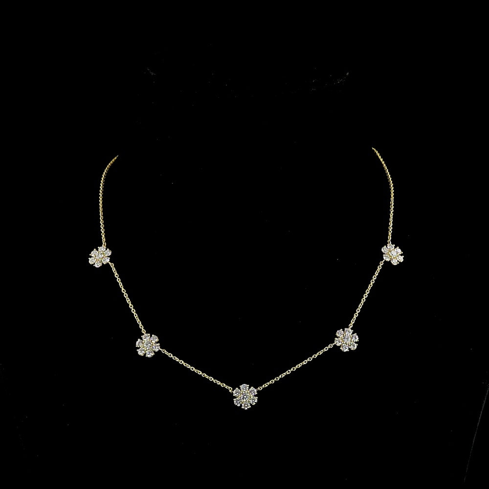 18K Yellow Gold Station Necklace with 2.9 Carat Lab Grown Round Brilliant Cut Diamonds - E-F Color, VS1 Clarity Floral Motif - Covaloro Fine Jewelry
