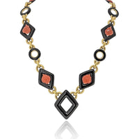 18K Yellow Gold Station Necklace with Black Enamel and Coral Roses by David Webb - 28 Inches