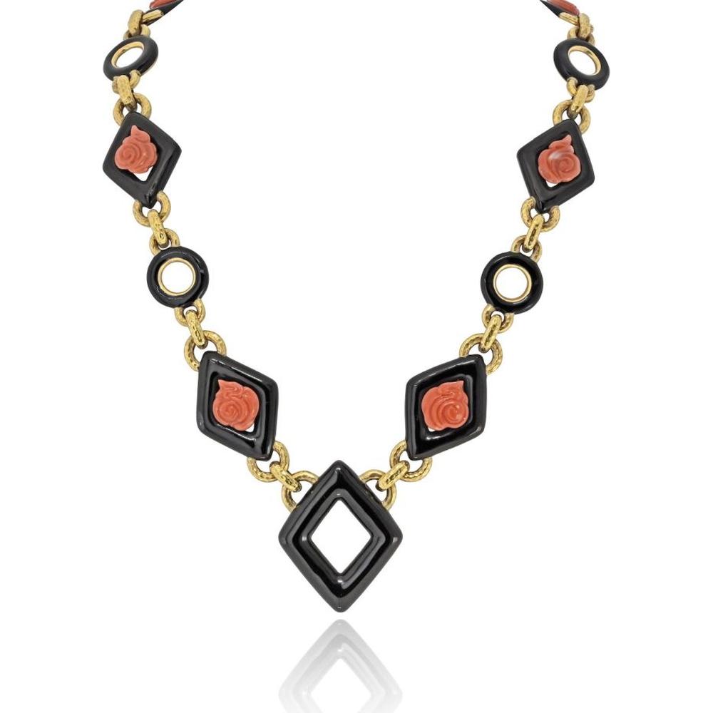 18K Yellow Gold Station Necklace with Black Enamel and Coral Roses by David Webb - 28 Inches