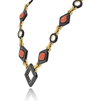 18K Yellow Gold Station Necklace with Black Enamel and Coral Roses by David Webb - 28 Inches