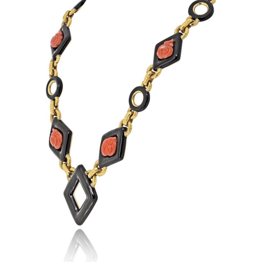 18K Yellow Gold Station Necklace with Black Enamel and Coral Roses by David Webb - 28 Inches