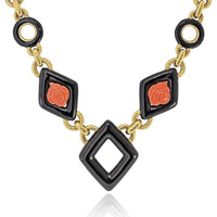 18K Yellow Gold Station Necklace with Black Enamel and Coral Roses by David Webb - 28 Inches