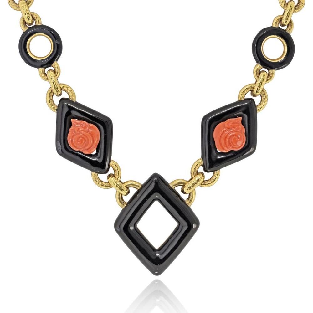 18K Yellow Gold Station Necklace with Black Enamel and Coral Roses by David Webb - 28 Inches