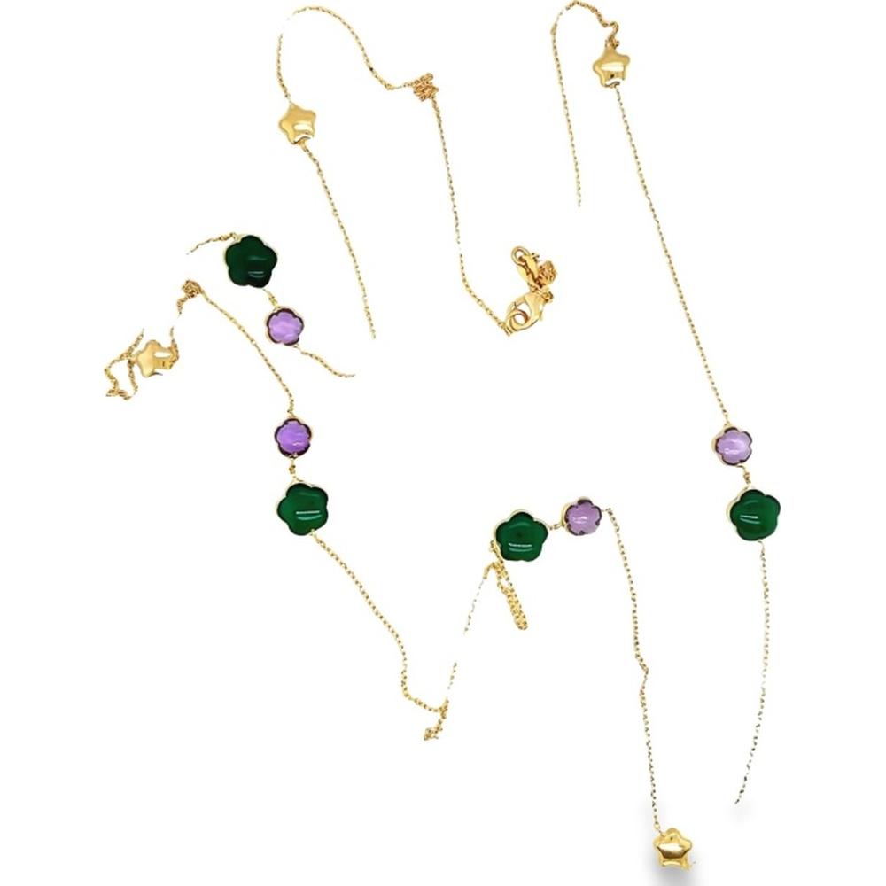 18K Yellow Gold Station Necklace with Green and Lilac Semi-Precious Gemstones by Afarin