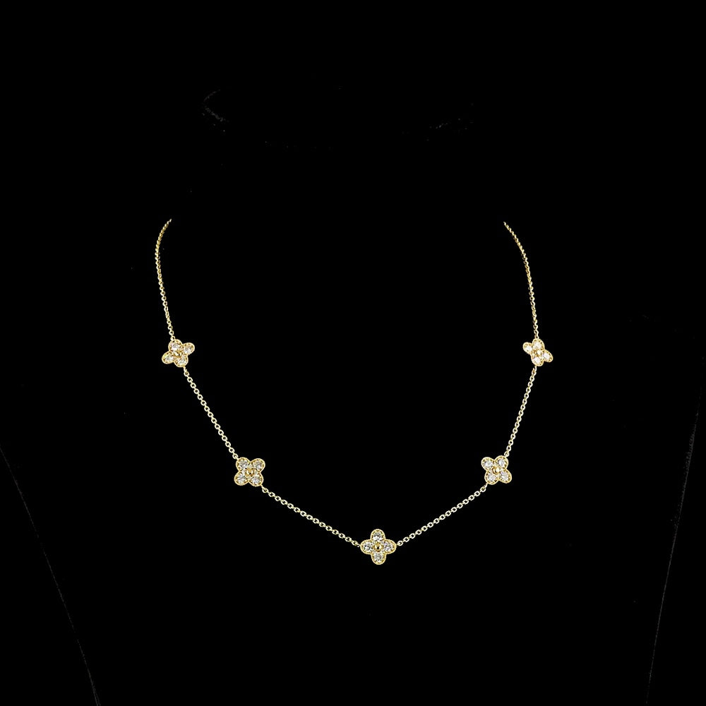 18K Yellow Gold Station Necklace with Round Lab-Grown Diamond Floral Motifs - 1.73 Carat Total Diamond Weight, E-F VS Clarity - Covaloro Fine Jewelry