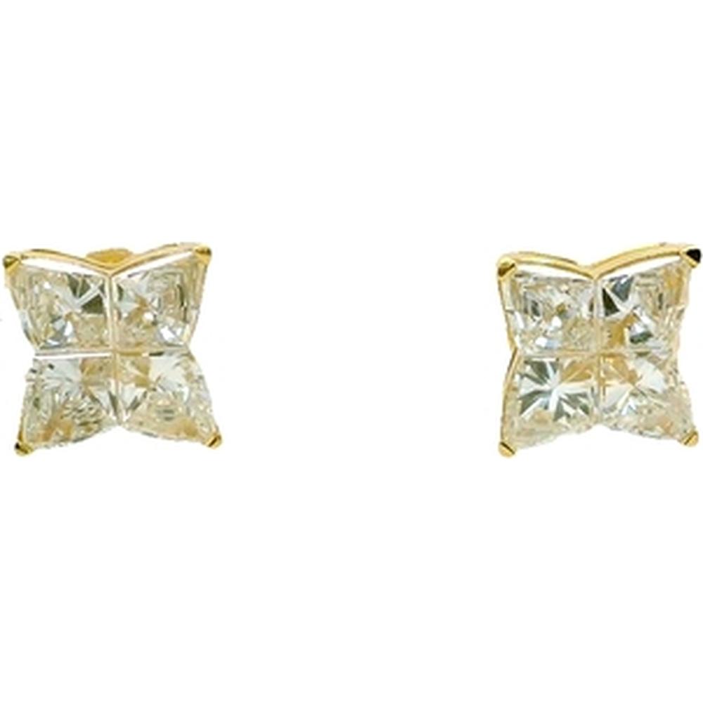 18K Yellow Gold Stud Earrings with Princess Cut Diamond Cluster Design by Afarin