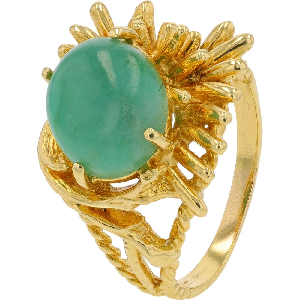 18K Yellow Gold Sunburst Ring with Organic Textured Setting and Oval Green Jade Cabochon